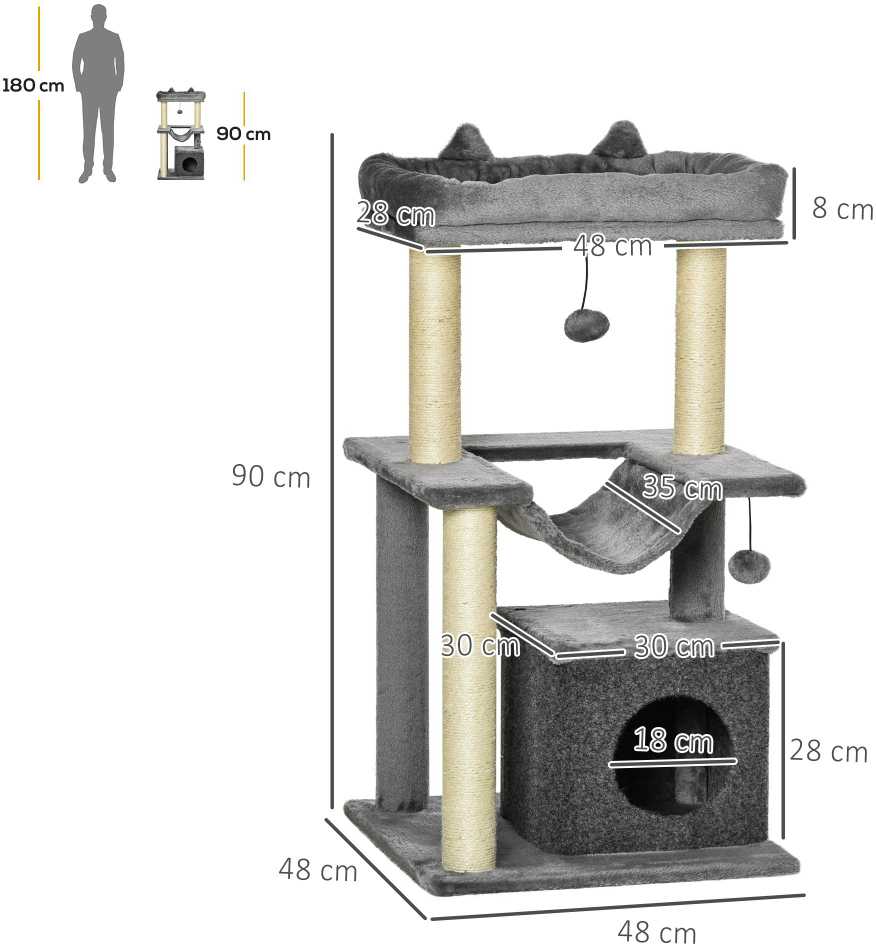 PawHut 90 cm draskyklė su hamaku, nameliu, platformomis, pliušinė, sizalis, pilka