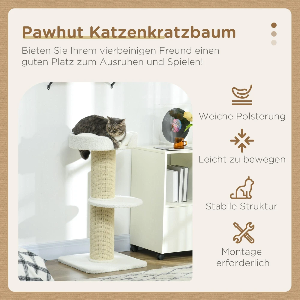 PawHut 91 cm kačių draskyklė, kačių bokštas su sizalio stulpais, platforma, pagalvėlėmis, kelių aukštų draskyklė, laipynė, vidutinio dydžio katėms, kreminė balta