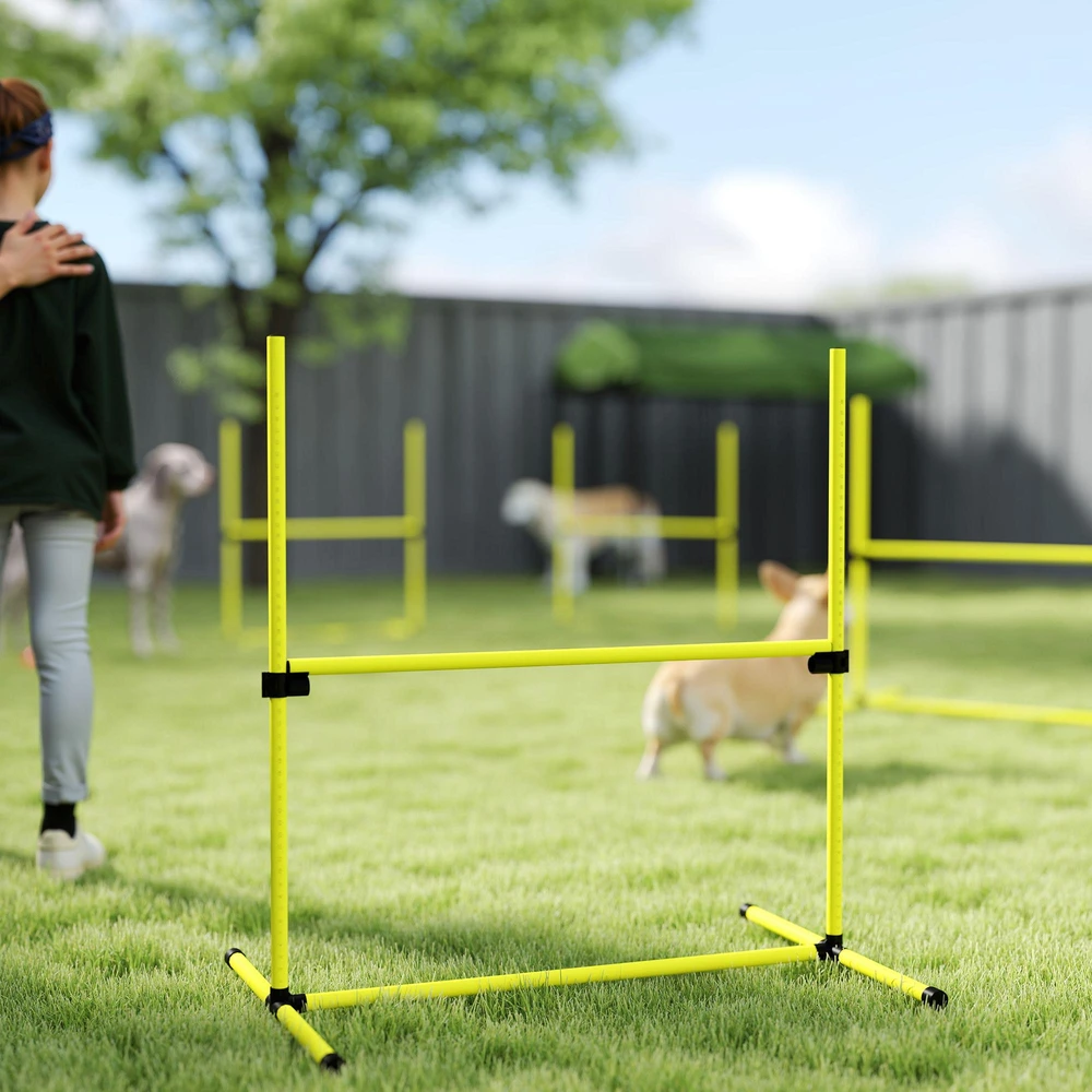 PawHut Agility kliūčių rinkinys, slalomo stulpai, šunų dresūros rinkinys, 4 x kliūtys, plastikas, geltona, 99x65x94cm | Aosom