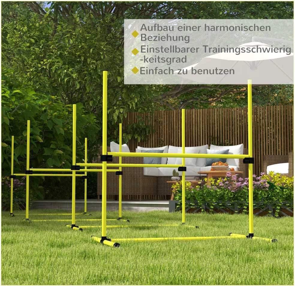 PawHut Agility kliūčių rinkinys, slalomo stulpai, šunų dresūros rinkinys, 4 x kliūtys, plastikas, geltona, 99x65x94cm | Aosom