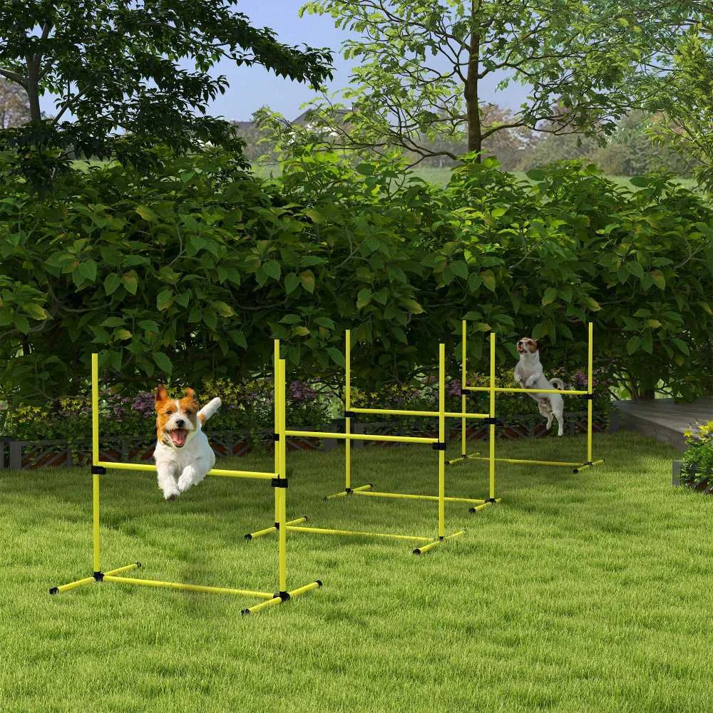 PawHut Agility kliūčių rinkinys, slalomo stulpai, šunų dresūros rinkinys, 4 x kliūtys, plastikas, geltona, 99x65x94cm | Aosom