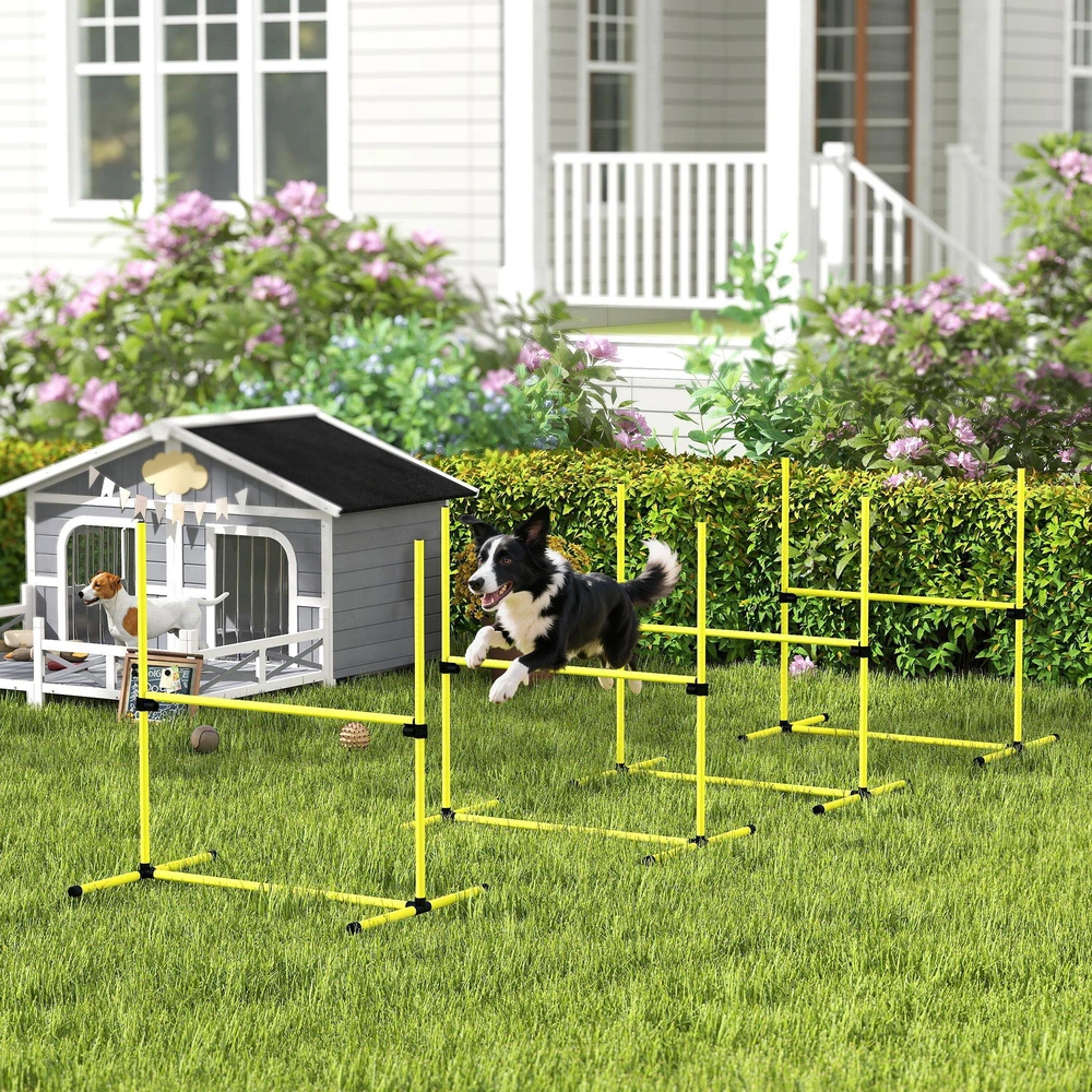 PawHut Agility kliūčių rinkinys, slalomo stulpai, šunų dresūros rinkinys, 4 x kliūtys, plastikas, geltona, 99x65x94cm | Aosom