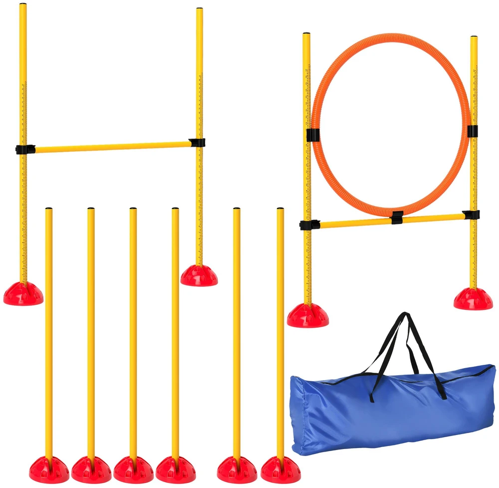 PawHut Agility rinkinys šunims, 4 dalių, užpildomas, agility įranga šunų dresūrai, kliūčių ruožas su reguliuojamo aukščio slalomo stulpais, šuolių kliūtimis ir žiedu, koordinacijos treniruotėms