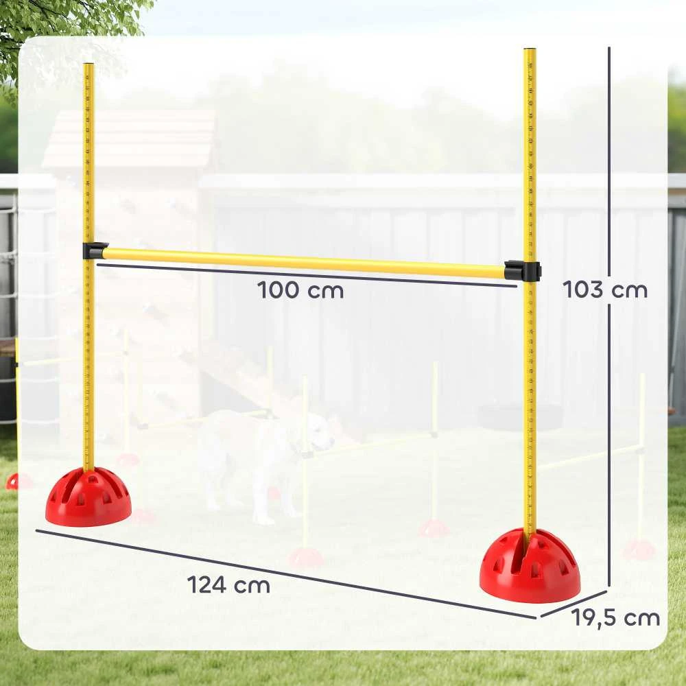 PawHut 5 dalių šunų dresūros rinkinys, užpildomas agility kliūčių ruožas su reguliuojamo aukščio barjerais ir krepšiu, skirtas koordinacijos treniruotėms ir žaidimams