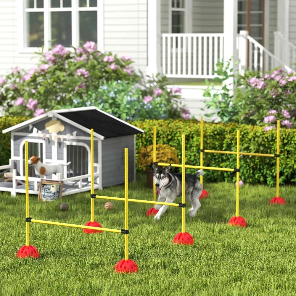 PawHut 5 dalių šunų dresūros rinkinys, užpildomas agility kliūčių ruožas su reguliuojamo aukščio barjerais ir krepšiu, skirtas koordinacijos treniruotėms ir žaidimams