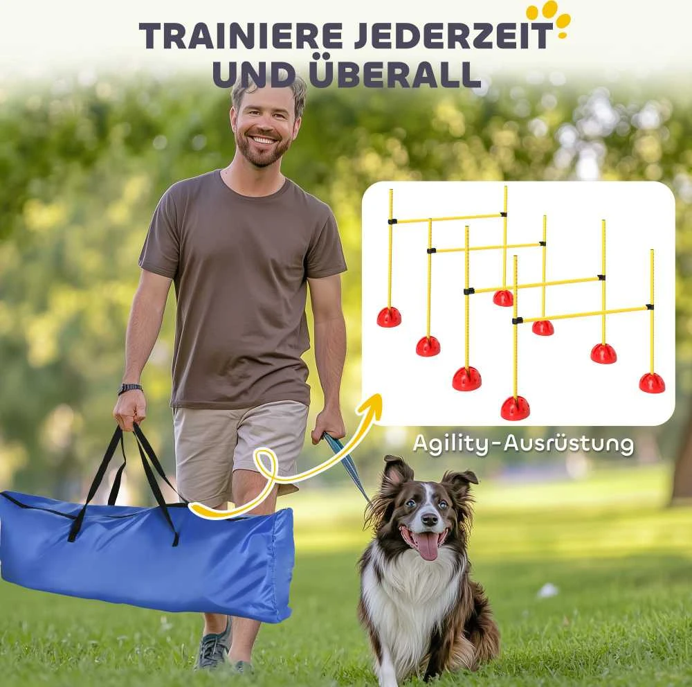 PawHut 5 dalių šunų dresūros rinkinys, užpildomas agility kliūčių ruožas su reguliuojamo aukščio barjerais ir krepšiu, skirtas koordinacijos treniruotėms ir žaidimams