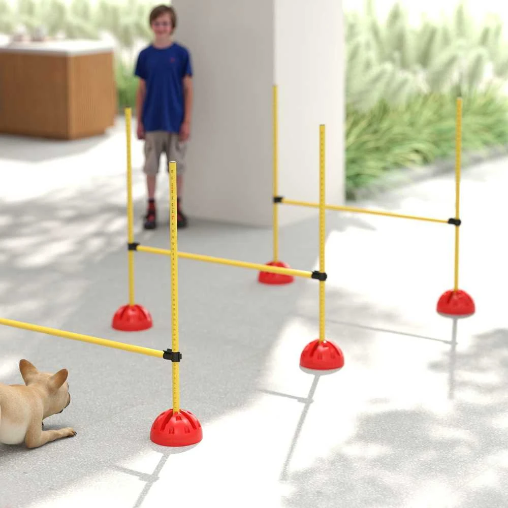 PawHut 5 dalių šunų dresūros rinkinys, užpildomas agility kliūčių ruožas su reguliuojamo aukščio barjerais ir krepšiu, skirtas koordinacijos treniruotėms ir žaidimams