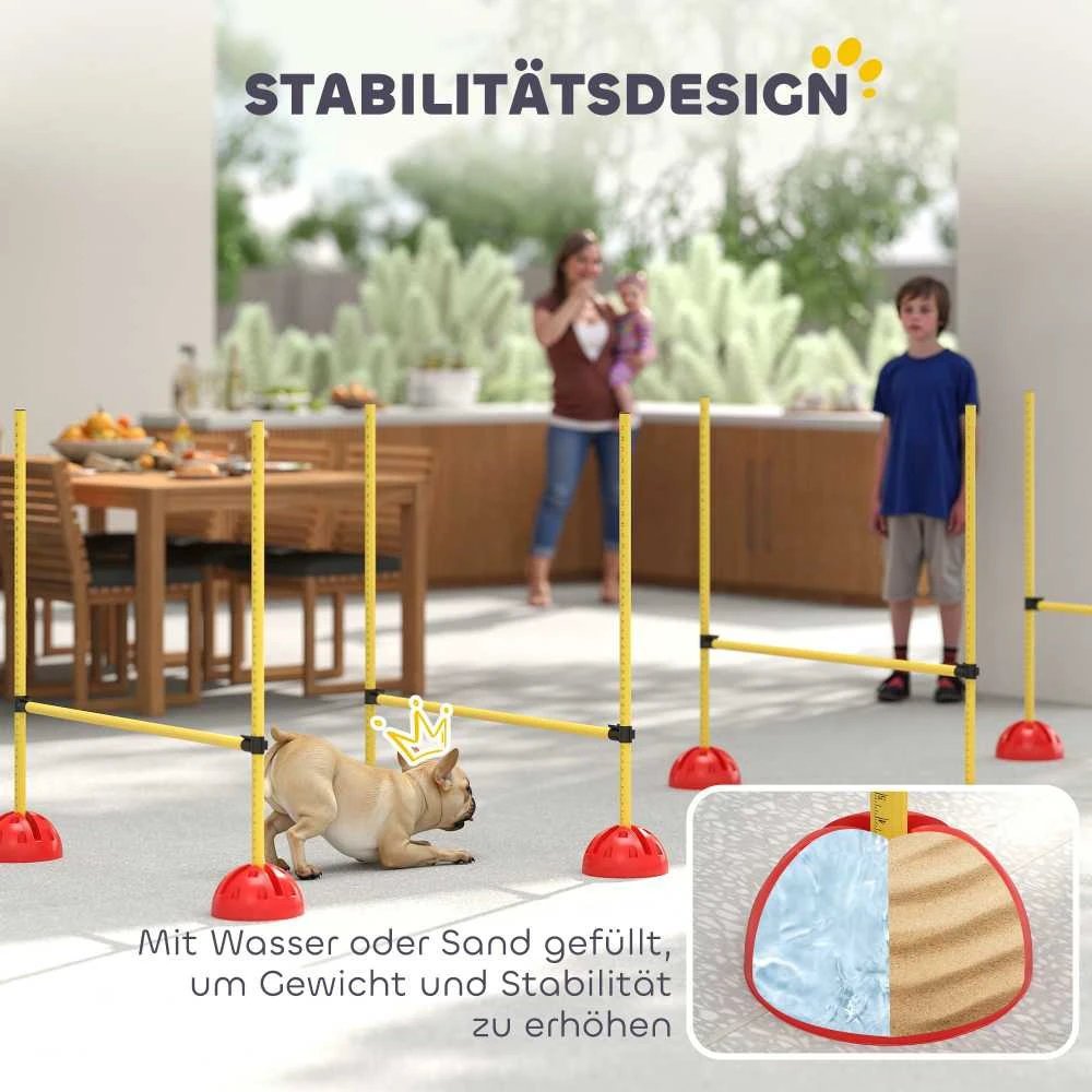 PawHut 5 dalių šunų dresūros rinkinys, užpildomas agility kliūčių ruožas su reguliuojamo aukščio barjerais ir krepšiu, skirtas koordinacijos treniruotėms ir žaidimams