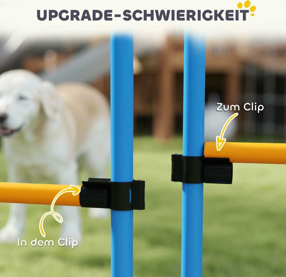 PawHut 9 dalių šunų vikrumo (agility) rinkinys, dresavimo įranga su barjerais, slalomo stulpeliais, šuolių lanku ir 2 kamuoliukais, reguliuojamo aukščio, koordinacijos lavinimui