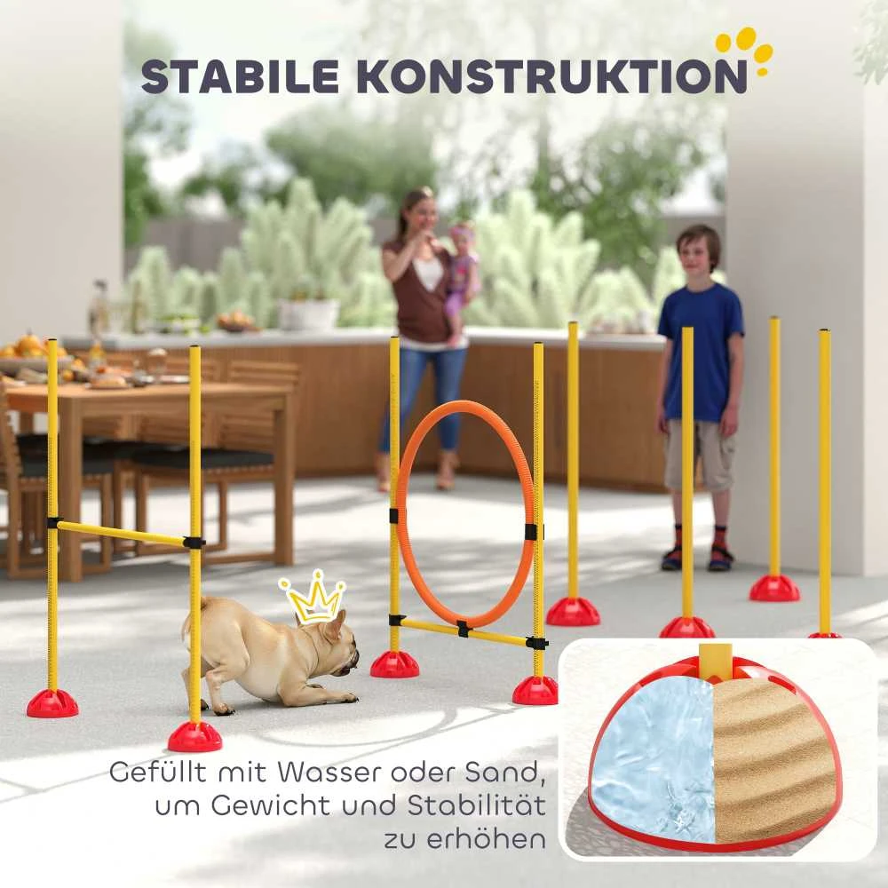 PawHut Agility rinkinys šunims, 4 dalių, užpildomas, agility įranga šunų dresūrai, kliūčių ruožas su reguliuojamo aukščio slalomo stulpais, šuolių kliūtimis ir žiedu, koordinacijos treniruotėms