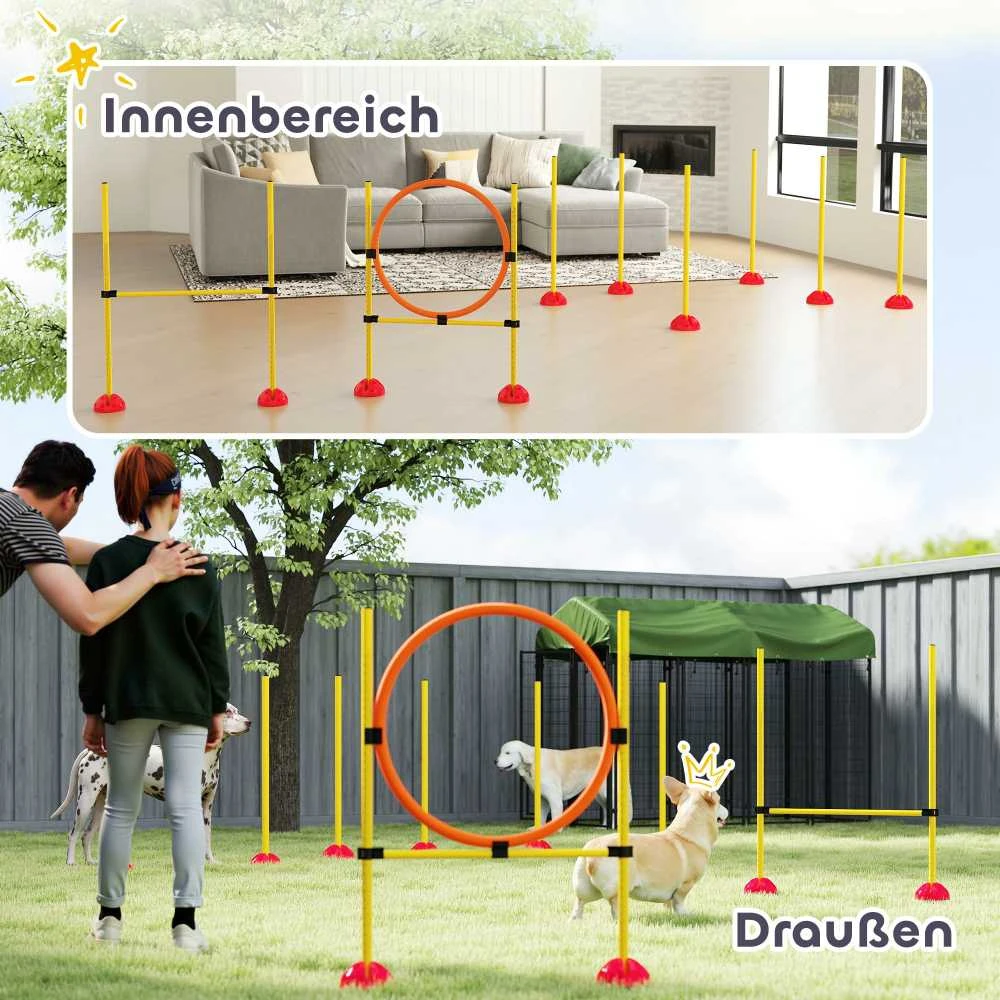 PawHut Agility rinkinys šunims, 4 dalių, užpildomas, agility įranga šunų dresūrai, kliūčių ruožas su reguliuojamo aukščio slalomo stulpais, šuolių kliūtimis ir žiedu, koordinacijos treniruotėms