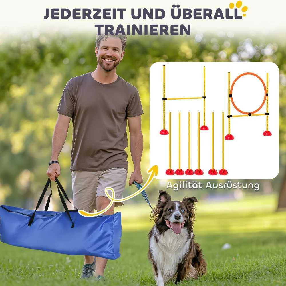 PawHut Agility rinkinys šunims, 4 dalių, užpildomas, agility įranga šunų dresūrai, kliūčių ruožas su reguliuojamo aukščio slalomo stulpais, šuolių kliūtimis ir žiedu, koordinacijos treniruotėms