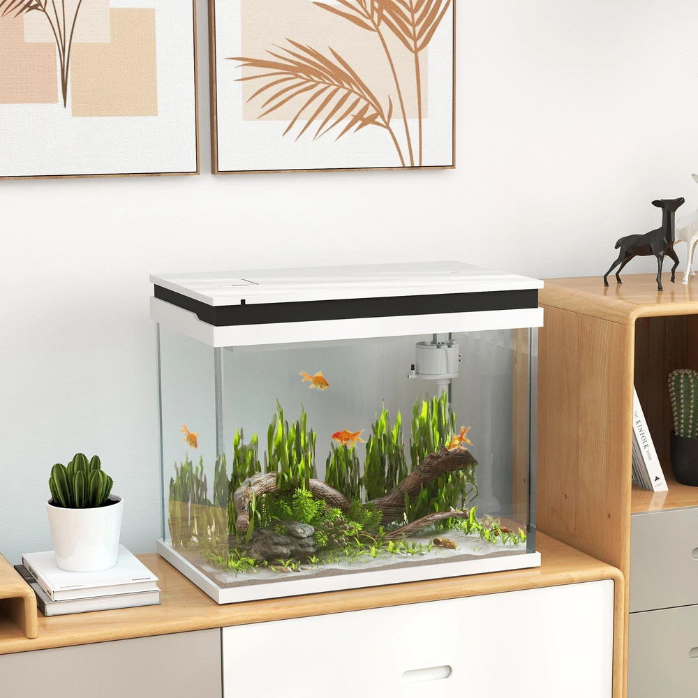 PawHut akvariumas, 41 litro stiklinis akvariumas su filtravimo sistema, LED apšvietimu, vandens siurbliu, kompaktiškas akvariumas įvairių rūšių žuvims, baltas