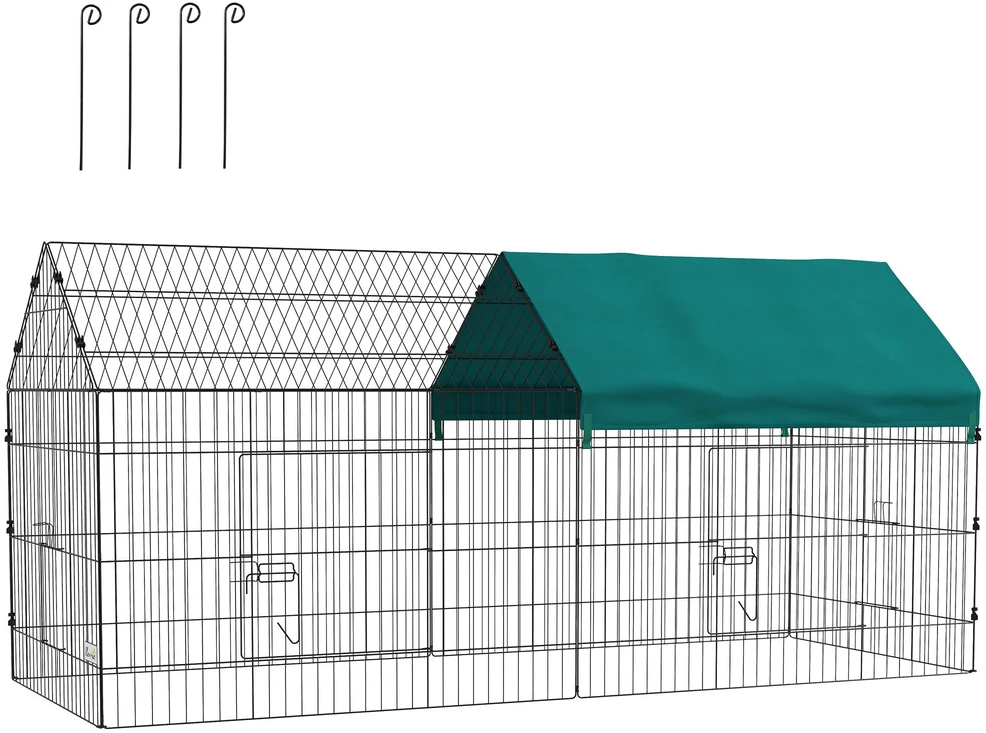 PawHut aptvaras 220 x 85 x 103 cm, smulkių gyvūnų aptvaras su uždanga, 4 durelės, jūrų kiaulyčių aptvaras triušiams, plieno, žalias | Aosom