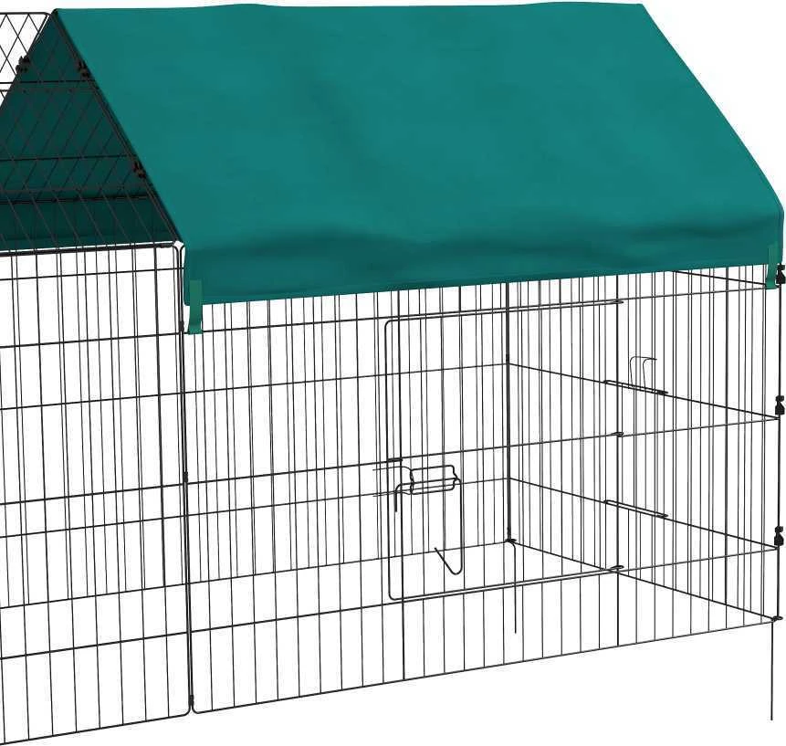 PawHut aptvaras 220 x 85 x 103 cm, smulkių gyvūnų aptvaras su uždanga, 4 durelės, jūrų kiaulyčių aptvaras triušiams, plieno, žalias | Aosom