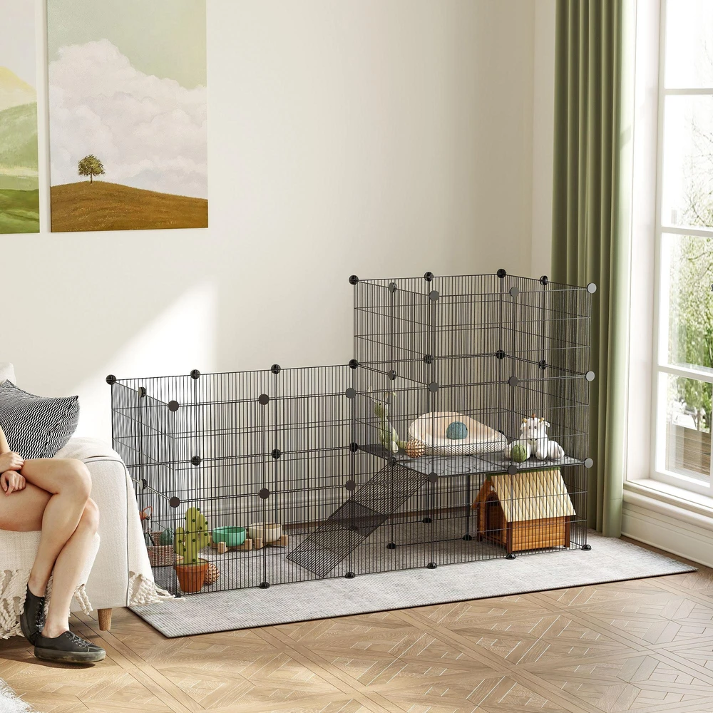 PawHut aptvaras smulkiems gyvūnams, 39 dalių narvas su rampa, DIY metalinis grotuotas aptvaras, atidaromas, juodas, 140 x 70 x 105 cm