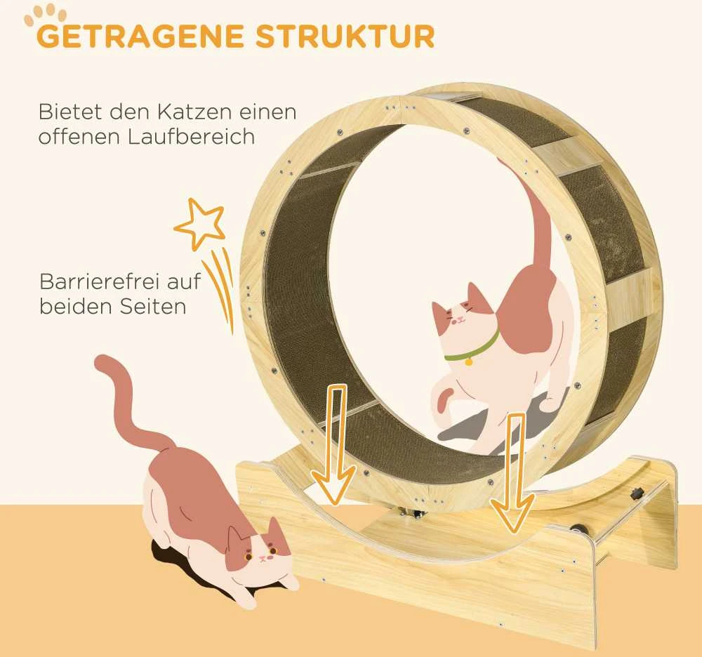 PawHut kačių bėgimo ratas, 91 cm, su stabdžiais, draskykle, kačių ratas sveikam judėjimui, atsipalaidavimui, ąžuolo spalvos