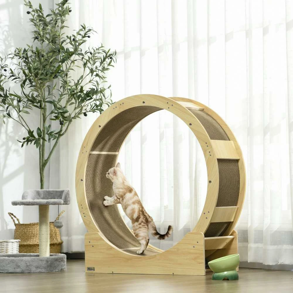 PawHut kačių bėgimo ratas, 91 cm, su stabdžiais, draskykle, kačių ratas sveikam judėjimui, atsipalaidavimui, ąžuolo spalvos