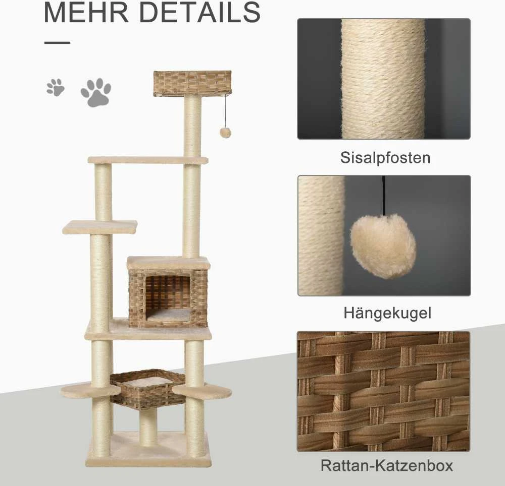 PawHut rataninė draskyklė-laipynė katei su nameliu, daugiapakopė, E1 MDF, sizalis, smėlio ir ruda spalva, 55 x 55 x 174 cm