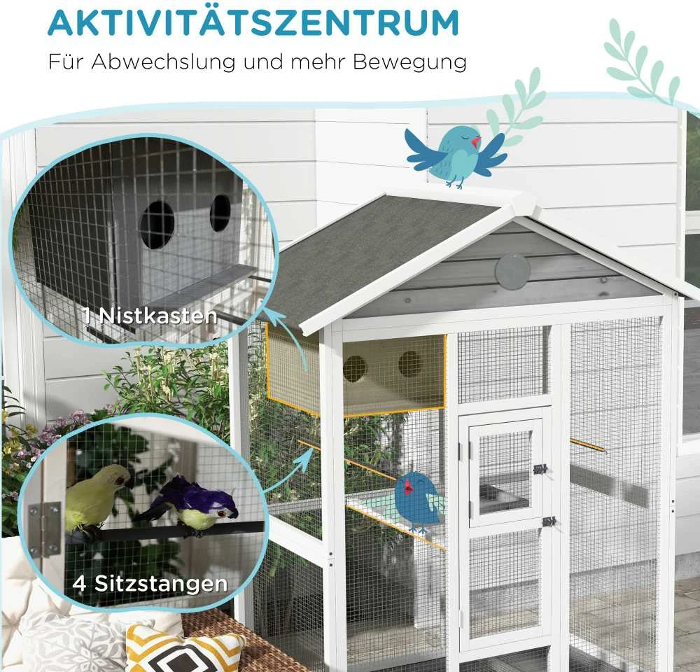 PawHut paukščių narvas banguotosioms papūgėlėms su 4 laktelėmis, paukščių voljeras su ištraukiamu padėklu, paukščių namelis kanarėlėms, eglės mediena, 112 x 68 x 154 cm