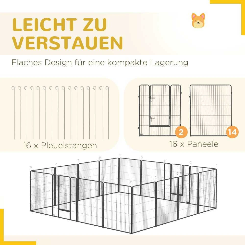 PawHut šuniukų voljeras, maniežas šuniukams, aptvaras vidutiniams, mažiems šunims, smulkiems gyvūnams, DIY voljeras su dvejomis durelėmis, plieno, pilkas