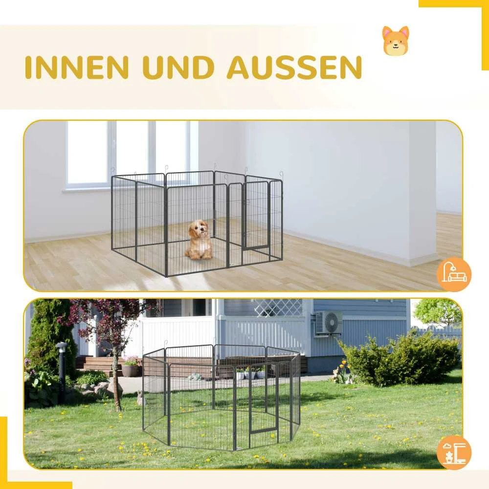 PawHut šuniukų voljeras, maniežas šuniukams, aptvaras vidutiniams, mažiems šunims, smulkiems gyvūnams, DIY voljeras su dvejomis durelėmis, plieno, pilkas