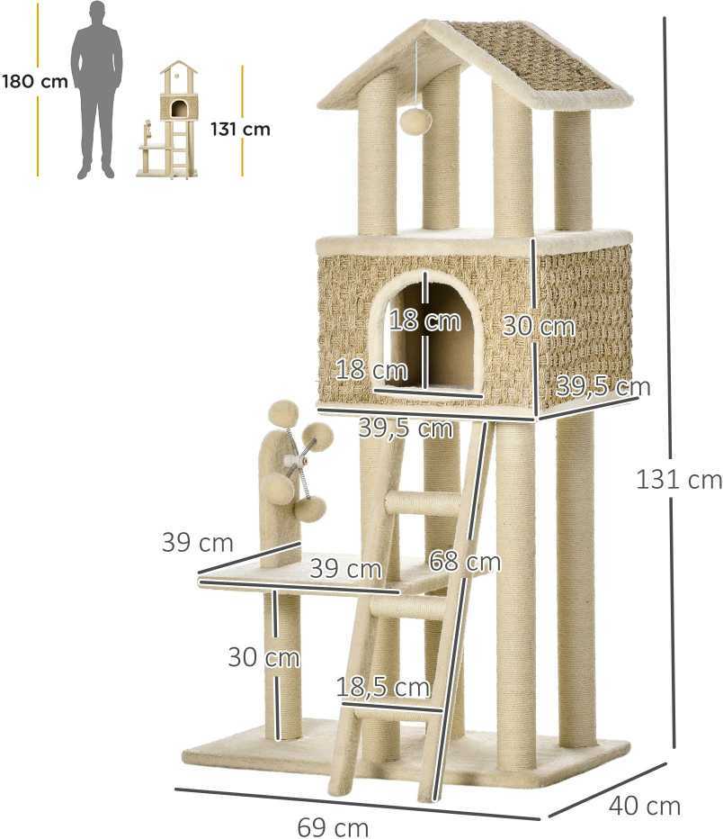 PawHut draskyklė, didelis katės medis 130cm, su nameliu ir žaislais, sizalio stulpai, chaki+smėlio spalvos, pliušinė danga