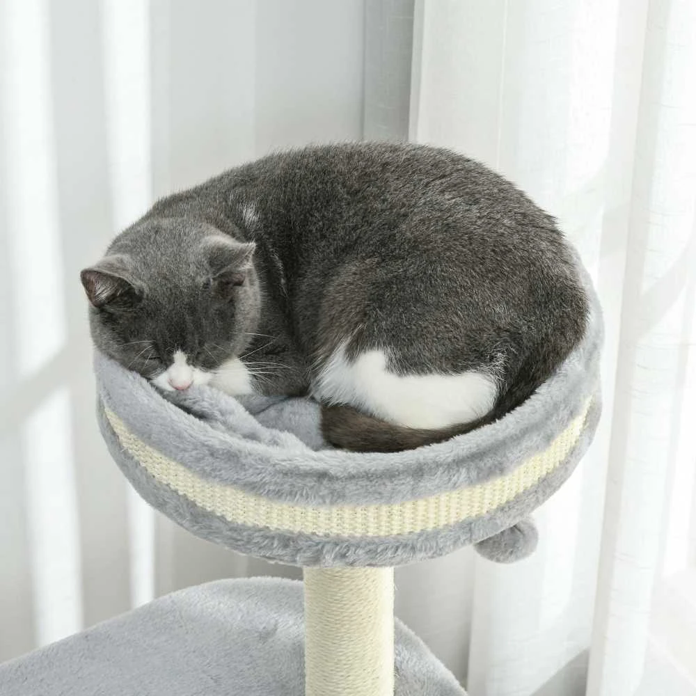 PawHut draskyklė, 100 cm, laipiojimo medis su draskymo statine, kačių draskyklė, kačių medis su gultu, pagalvėle ir žaisliniu kamuoliuku, kačių baldai katėms iki 5kg, pliušinis, pilkas