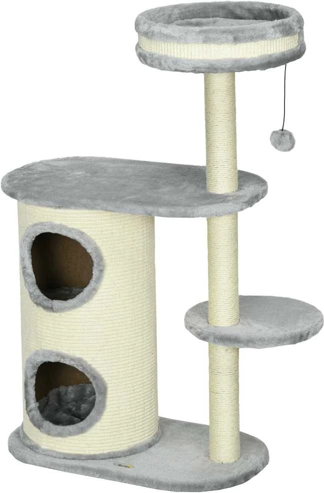 PawHut draskyklė, 100 cm, laipiojimo medis su draskymo statine, kačių draskyklė, kačių medis su gultu, pagalvėle ir žaisliniu kamuoliuku, kačių baldai katėms iki 5kg, pliušinis, pilkas