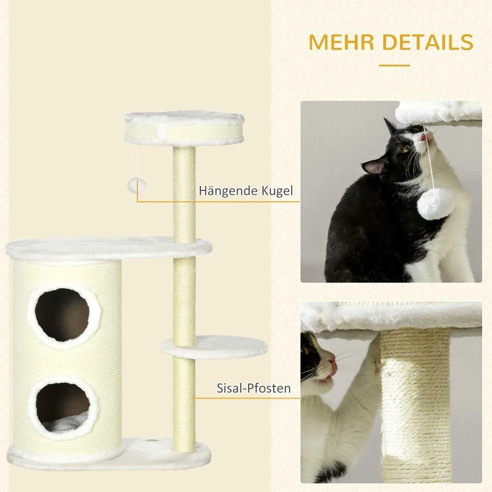 PawHut draskyklė katėms 100 cm, su draskyklės tuneliu, sizalio stulpu, žaisliniu kamuoliuku ir pagalvėlėmis, kreminė balta