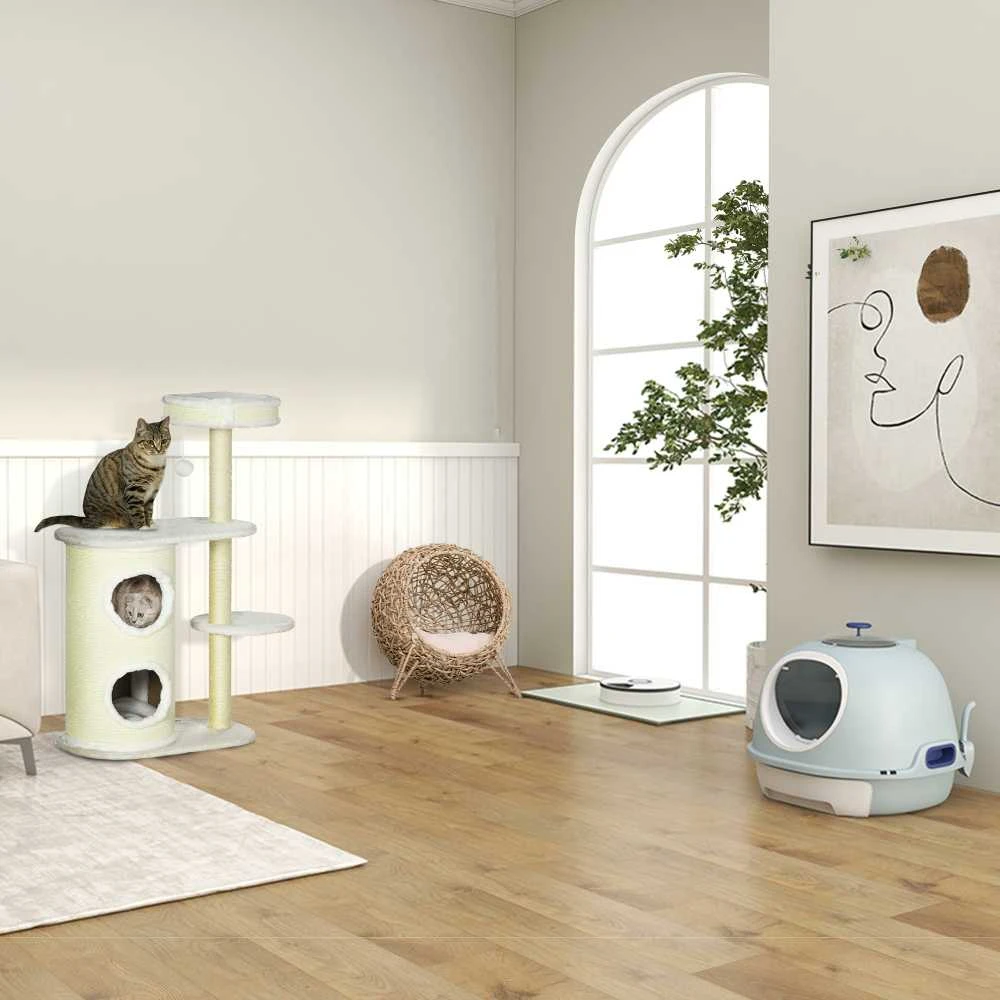 PawHut draskyklė katėms 100 cm, su draskyklės tuneliu, sizalio stulpu, žaisliniu kamuoliuku ir pagalvėlėmis, kreminė balta