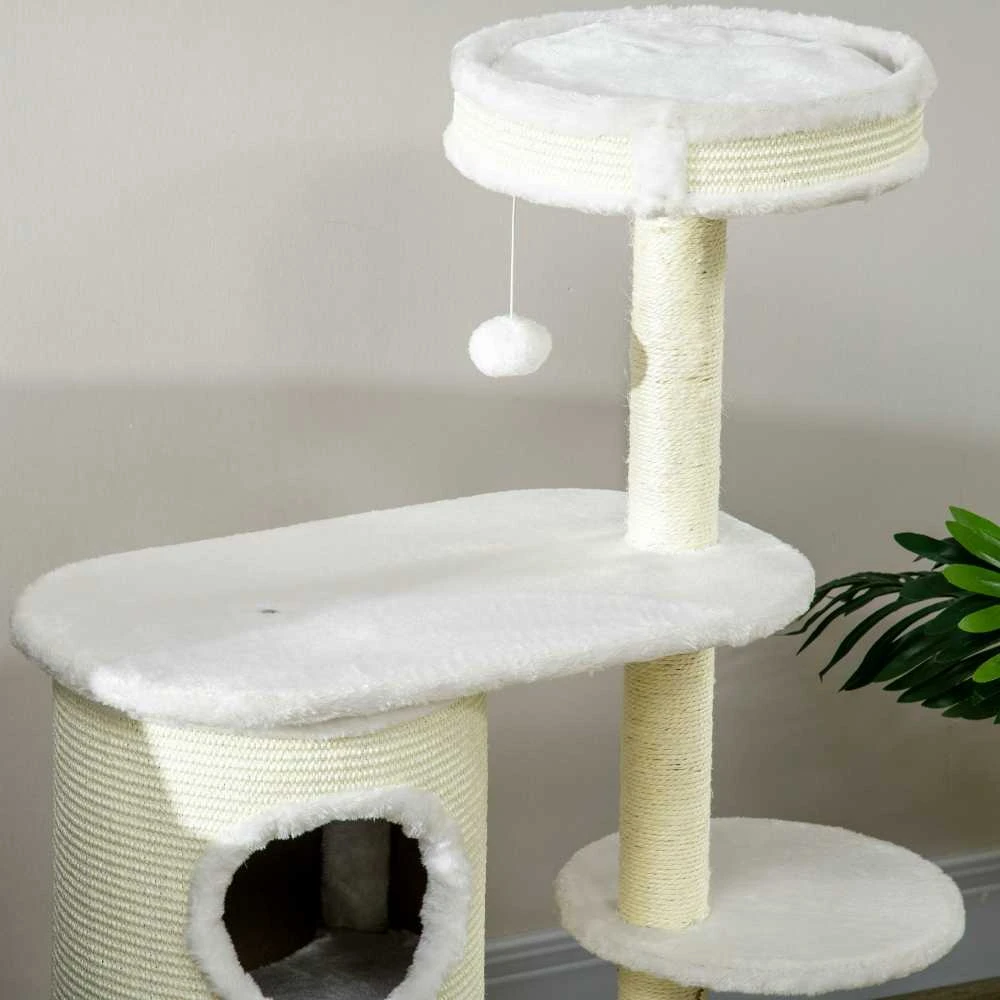 PawHut draskyklė katėms 100 cm, su draskyklės tuneliu, sizalio stulpu, žaisliniu kamuoliuku ir pagalvėlėmis, kreminė balta