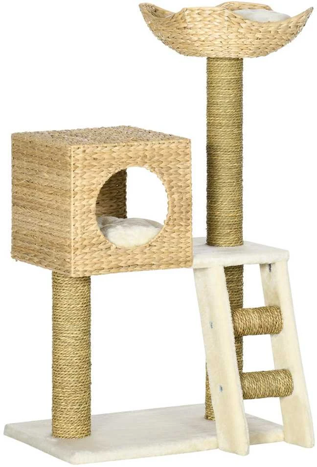 PawHut kačių draskyklė 100,5 cm, kačių medis su nameliu, lova, laipteliais, draskykle su sizalio stulpais, pagalvėlėmis, iki 4,5kg, natūrali | Aosom