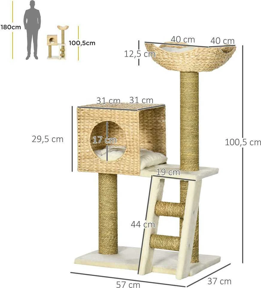 PawHut kačių draskyklė 100,5 cm, kačių medis su nameliu, lova, laipteliais, draskykle su sizalio stulpais, pagalvėlėmis, iki 4,5kg, natūrali | Aosom