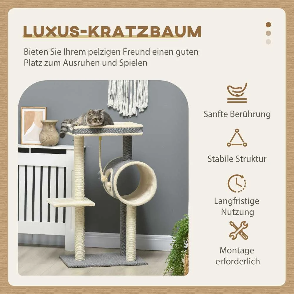"PawHut" draskyklė 104cm su kamuoliuku ir 2 guoliavietėmis Kačių medis katėms iki 5kg, sizalis, pilkas