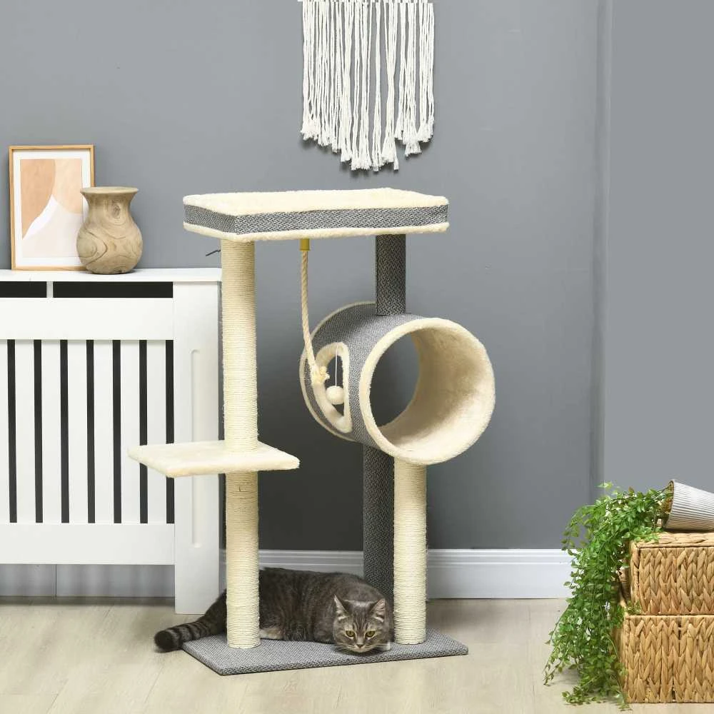 "PawHut" draskyklė 104cm su kamuoliuku ir 2 guoliavietėmis Kačių medis katėms iki 5kg, sizalis, pilkas