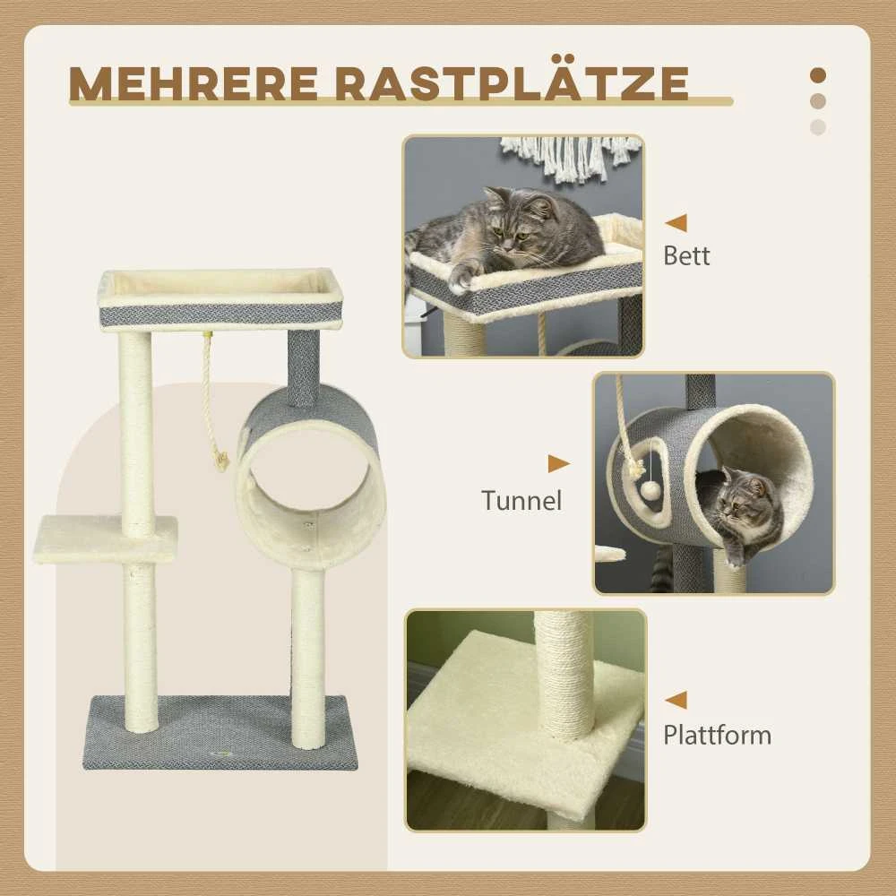 "PawHut" draskyklė 104cm su kamuoliuku ir 2 guoliavietėmis Kačių medis katėms iki 5kg, sizalis, pilkas