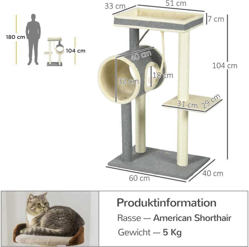 "PawHut" draskyklė 104cm su kamuoliuku ir 2 guoliavietėmis Kačių medis katėms iki 5kg, sizalis, pilkas