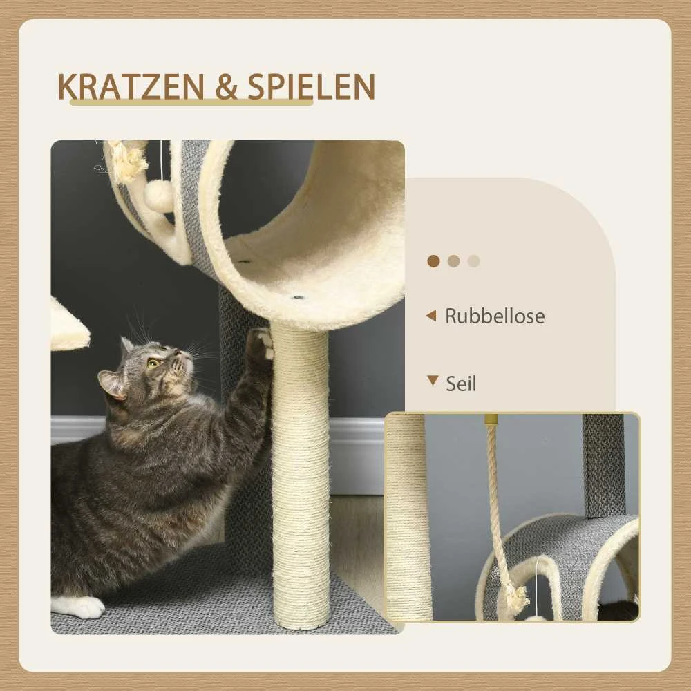 "PawHut" draskyklė 104cm su kamuoliuku ir 2 guoliavietėmis Kačių medis katėms iki 5kg, sizalis, pilkas