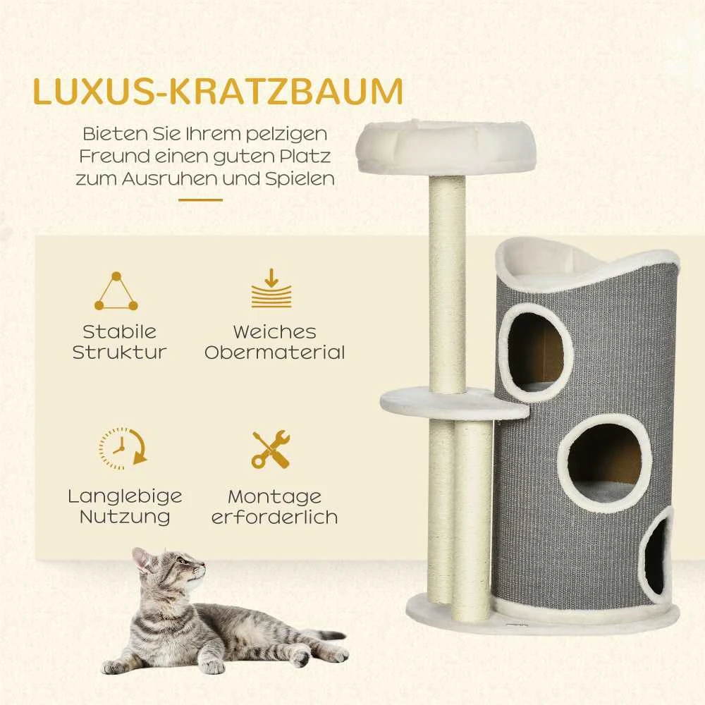 PawHut draskyklė katėms 109 cm, su draskymo tuneliu ir gultu, sizalio stulpais, balta/pilka