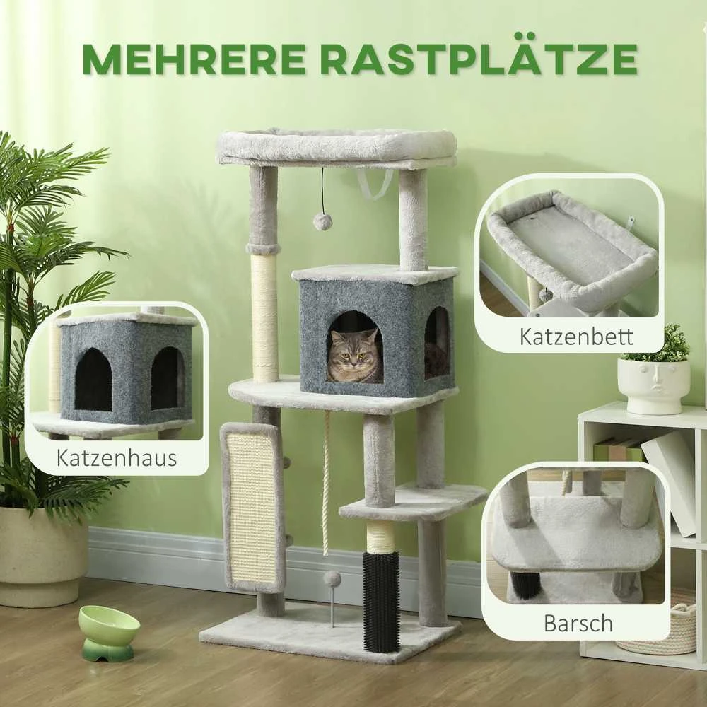 PawHut 132 cm katės draskyklė su nameliu, žaisliuku, sizalio stulpais, katėms iki 6kg, šviesiai pilka