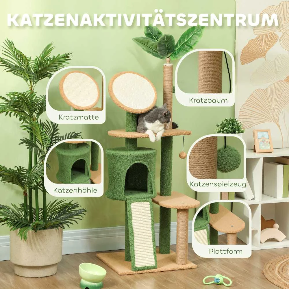 PawHut draskyklė 139 cm katėms su nameliu, žaisliniu kamuoliuku, sizalio draskymo stulpais, katėms iki 5kg, žalia