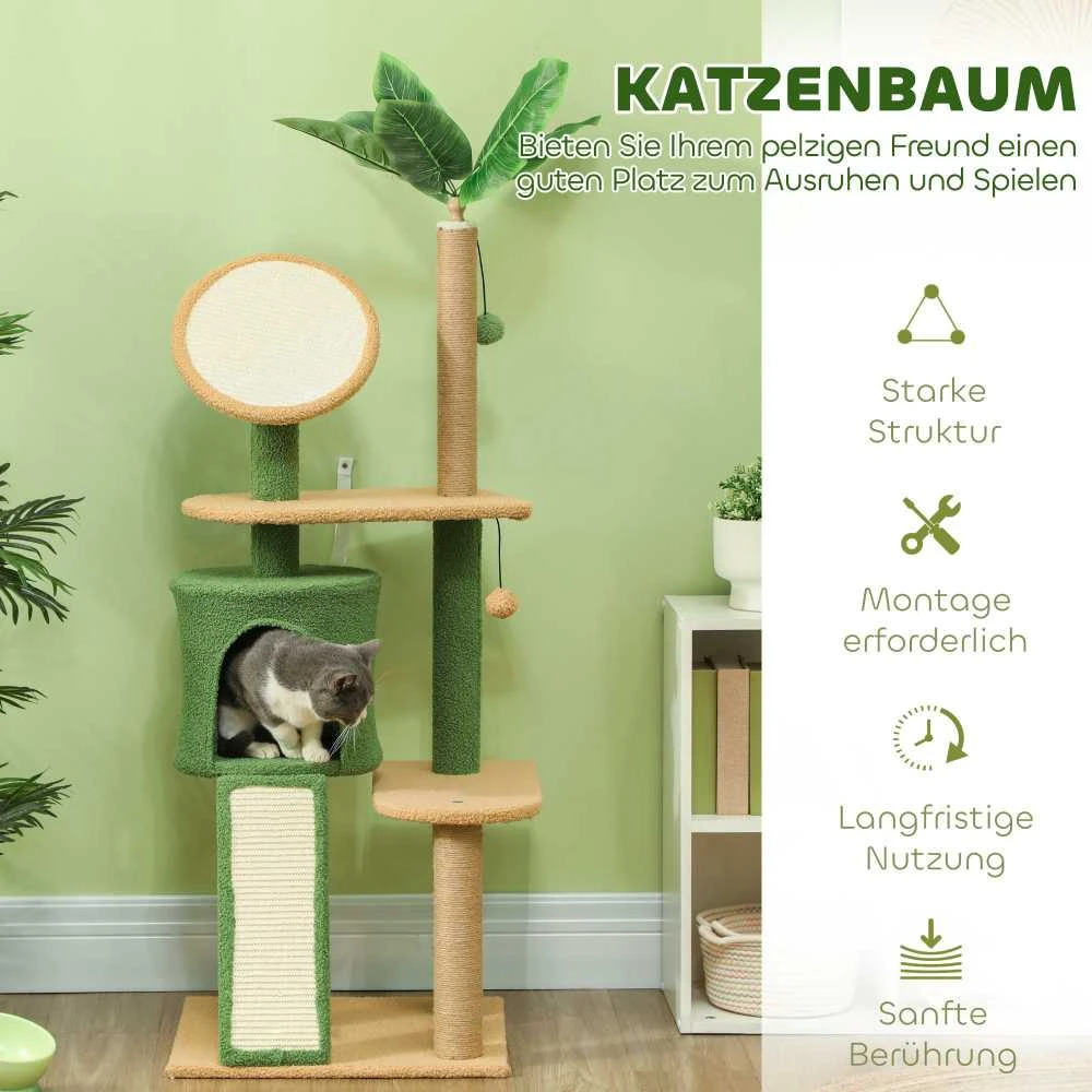 PawHut draskyklė 139 cm katėms su nameliu, žaisliniu kamuoliuku, sizalio draskymo stulpais, katėms iki 5kg, žalia