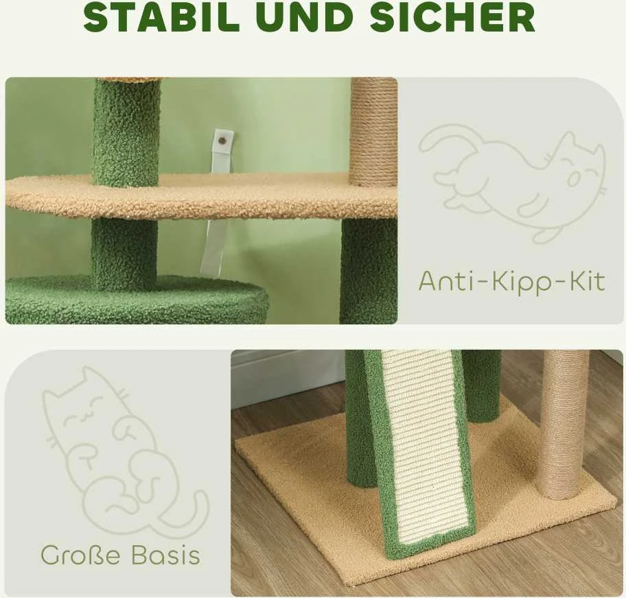 PawHut draskyklė 139 cm katėms su nameliu, žaisliniu kamuoliuku, sizalio draskymo stulpais, katėms iki 5kg, žalia