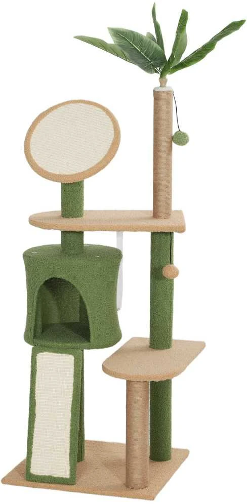 PawHut draskyklė 139 cm katėms su nameliu, žaisliniu kamuoliuku, sizalio draskymo stulpais, katėms iki 5kg, žalia