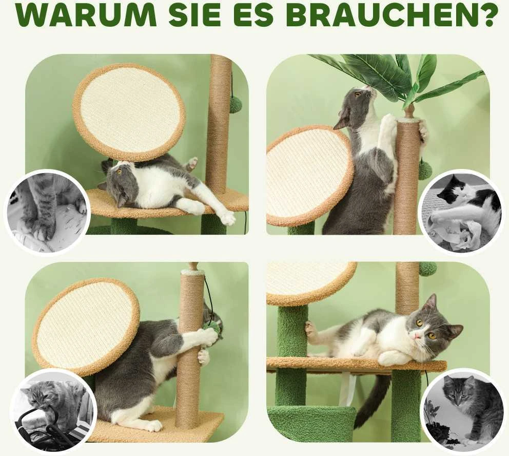 PawHut draskyklė 139 cm katėms su nameliu, žaisliniu kamuoliuku, sizalio draskymo stulpais, katėms iki 5kg, žalia