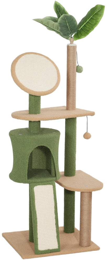 PawHut draskyklė 139 cm katėms su nameliu, žaisliniu kamuoliuku, sizalio draskymo stulpais, katėms iki 5kg, žalia