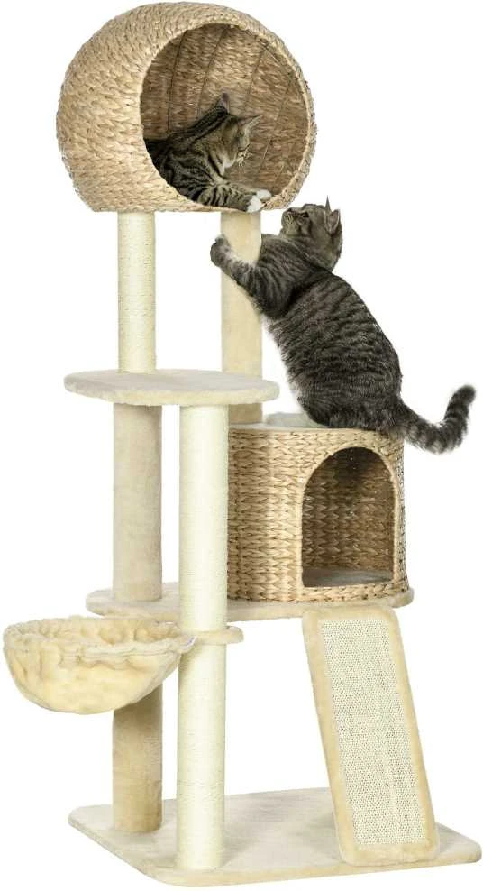 PawHut draskyklė katėms, 150 cm, su nameliu, hamaku ir rampa, apsauga nuo apvirtimo, pliušinė, smėlio spalvos