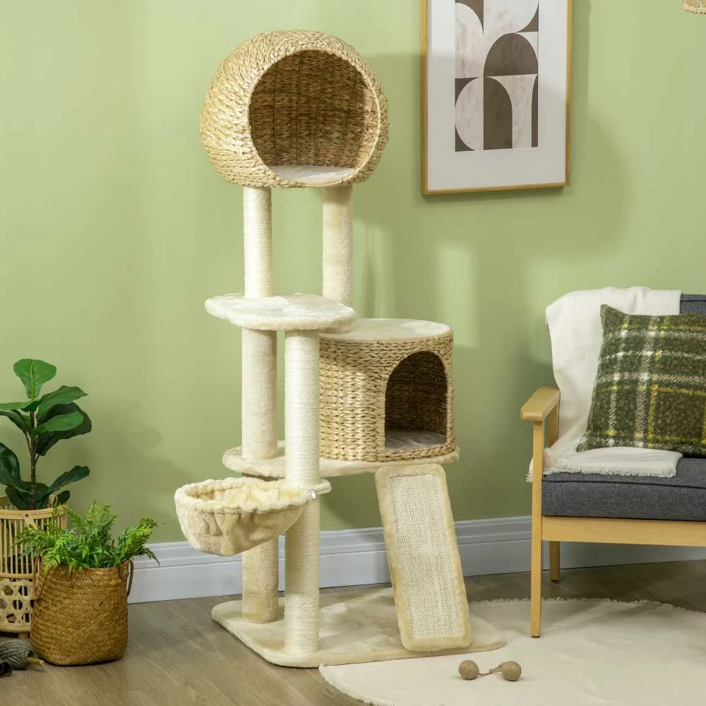 PawHut draskyklė katėms, 150 cm, su nameliu, hamaku ir rampa, apsauga nuo apvirtimo, pliušinė, smėlio spalvos