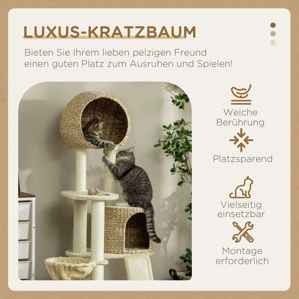 PawHut draskyklė katėms, 150 cm, su nameliu, hamaku ir rampa, apsauga nuo apvirtimo, pliušinė, smėlio spalvos
